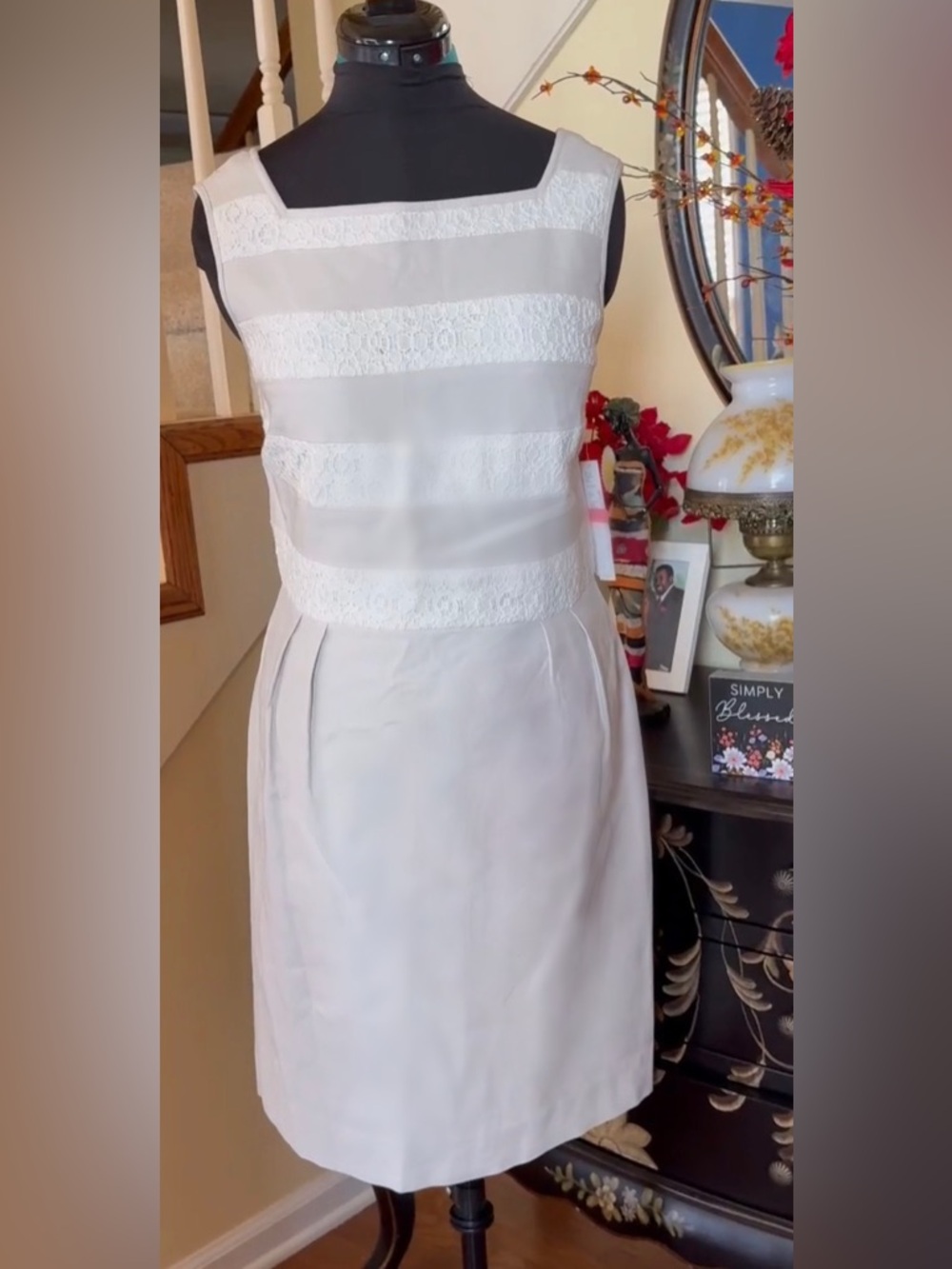 ANTONIO MELANI Cream Sleeveless Lace-Striped Midi Dress